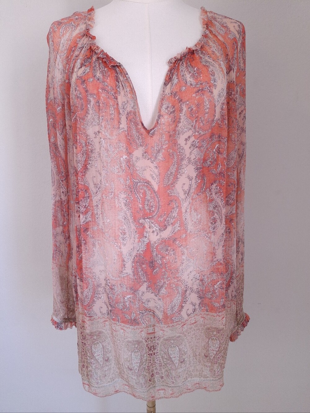 Lucky Brand Sheer Peach Paisley Longsleeve V-neck Tunic Top Sz L